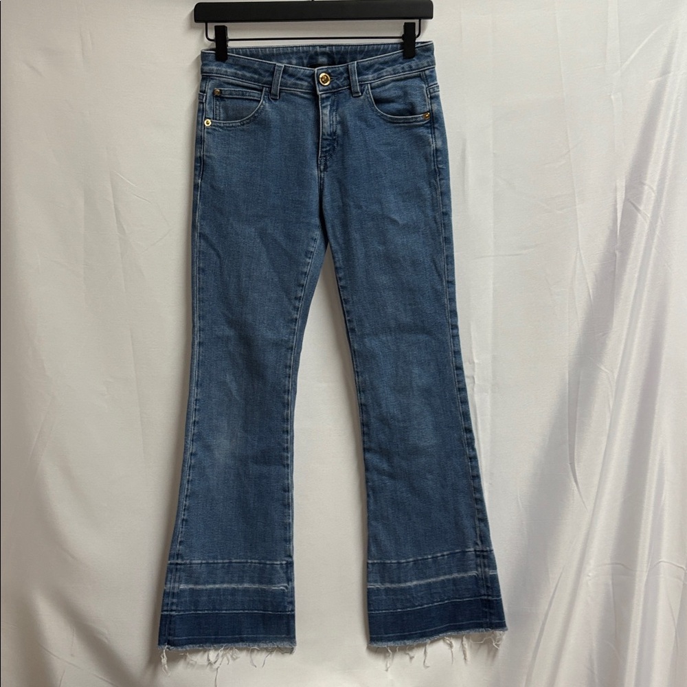 Versace Kids Blue Denim Flared Jeans with Frayed Hem